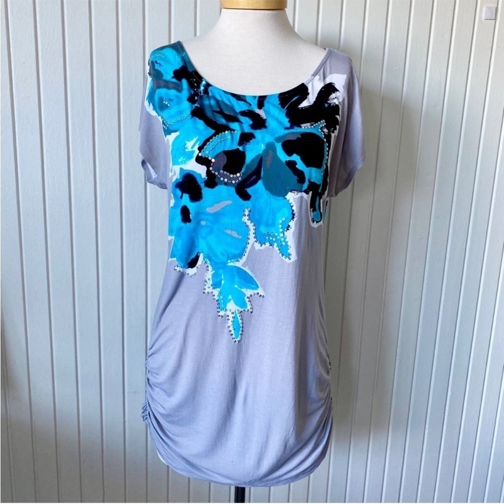 INC International Concepts Long Tunic Shirt Turquoise Blue Flowers Sequins Large